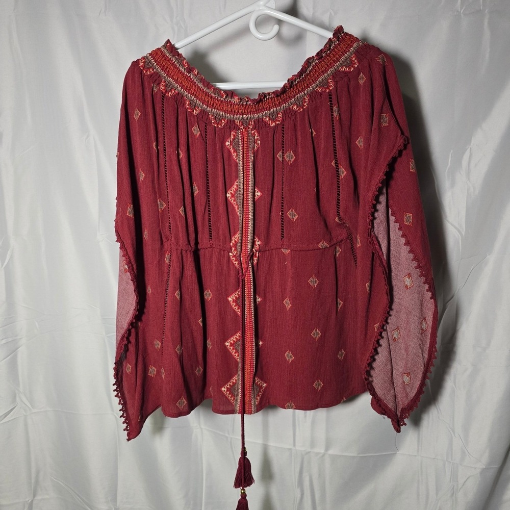 Skylar + Jade Womens Burgundy Boho‎ Geometric Off Shoulder Blouse Medium indie